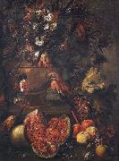 Anonymous Stilleben mit Blumen, aufgeschnittener Melone und anderem Obst sowie einem Papagei oil