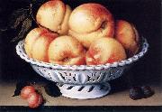 Galizia,Fede White Ceramic Bowl with Peaches and Red and Blue Plums painting
