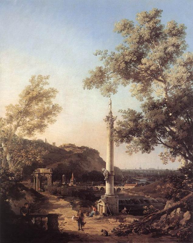 Canaletto Capriccio: River Landscape with a Column f France oil painting art