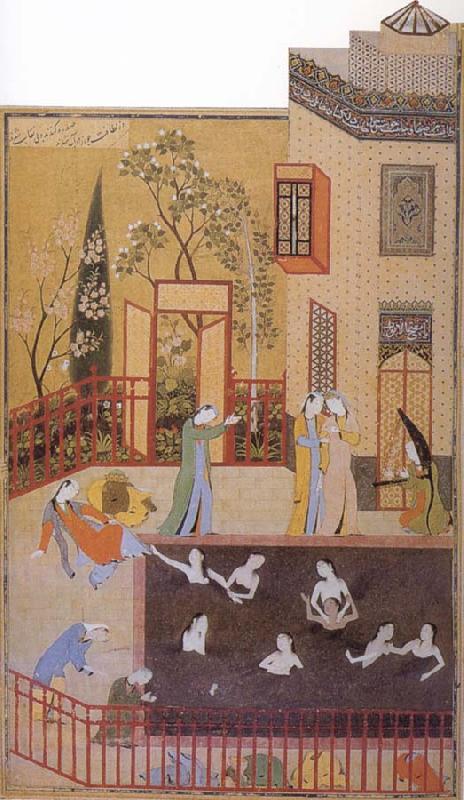Bihzad The Master of the garden espies the maidens bathing in his pool oil painting picture