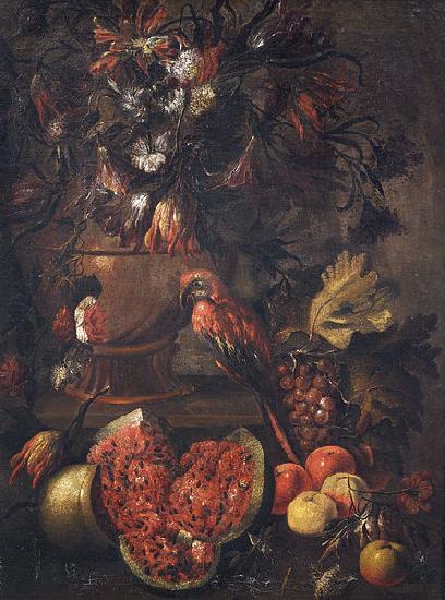 Anonymous Stilleben mit Blumen, aufgeschnittener Melone und anderem Obst sowie einem Papagei oil painting image