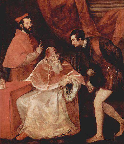 Titian Portrat des Papstes Paulus III mit Kardinal Alessandro Farnese und Herzog Ottavio Farnese. France oil painting art