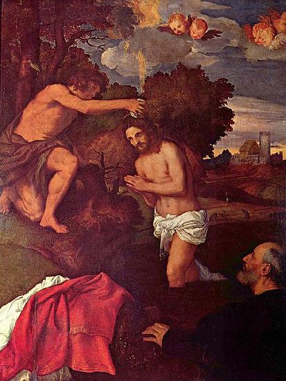 Titian Taufe Christi mit dem Auftraggeber Giovanni Ram oil painting picture